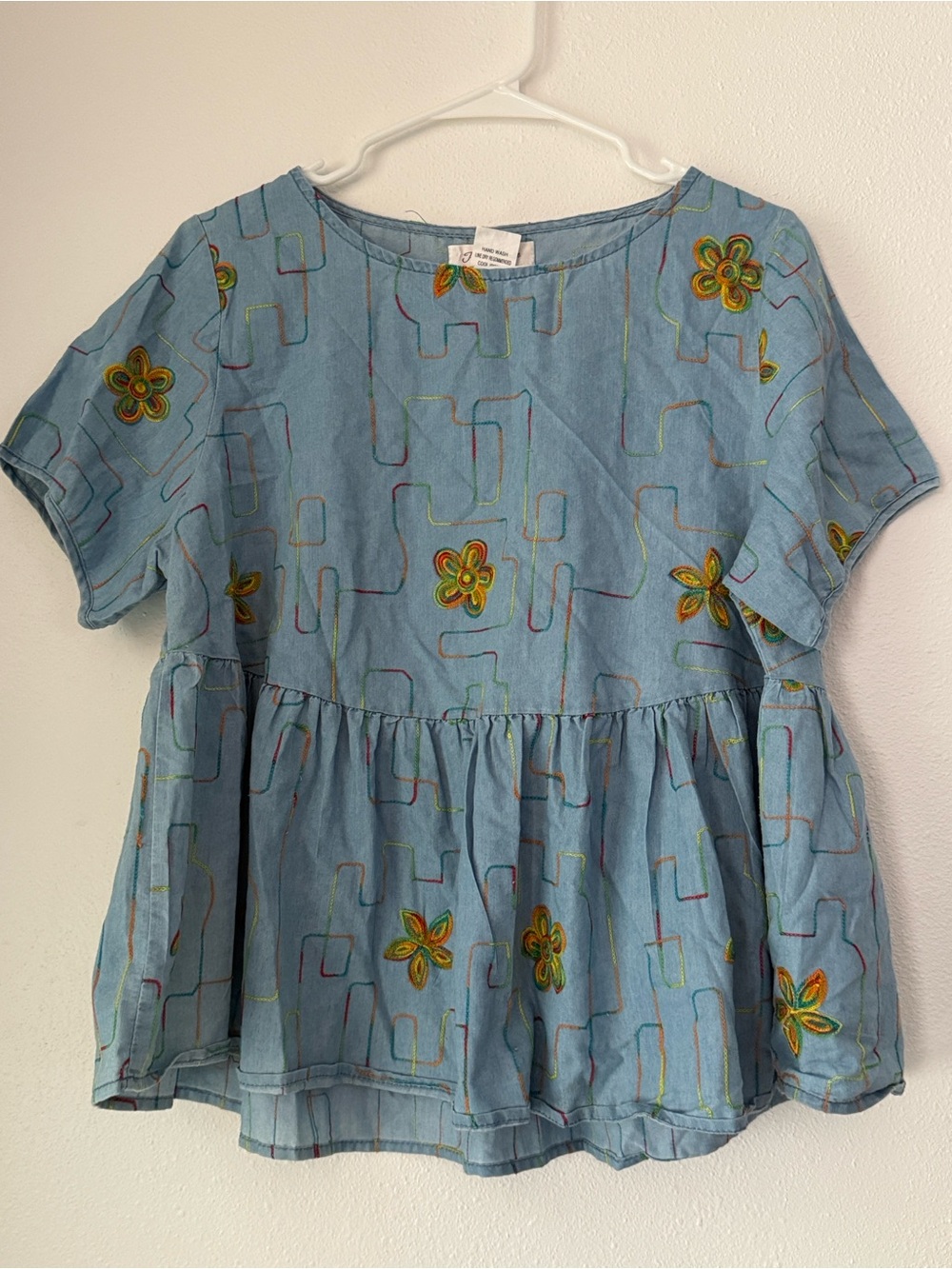 Paisley Vine Denim Embroidered Peplum Top One size Boho Cottagecore Vintage